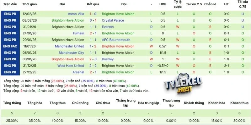 Cập nhật kết quả thi đấu mới nhất của Brighton