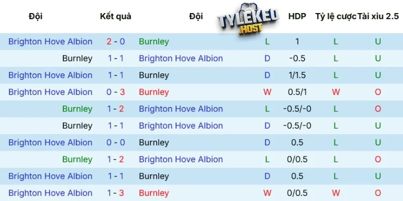 Thành tích đối đầu của Burnley vs Brighton
